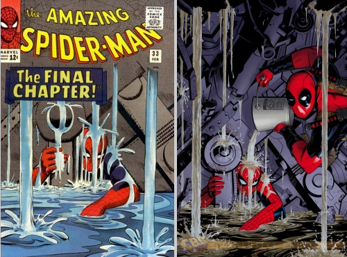 The original "Amazing Spider-Man" #33 cover (L) and the "Amazing Spider-Man" #7 Deadpool Variant by Michael Golden.